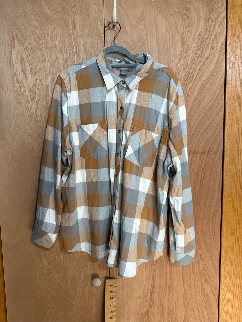 Natural Reflections Plaid Button-Down Shirt in Tan, Gray & White